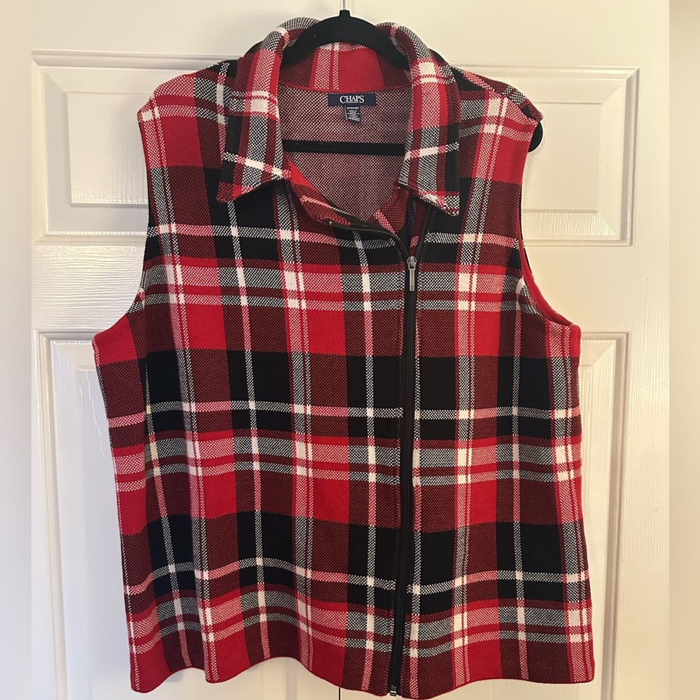 CHAPS Womens Plaid Asymmetrical Zip Front Vest Size 1X Red Black White